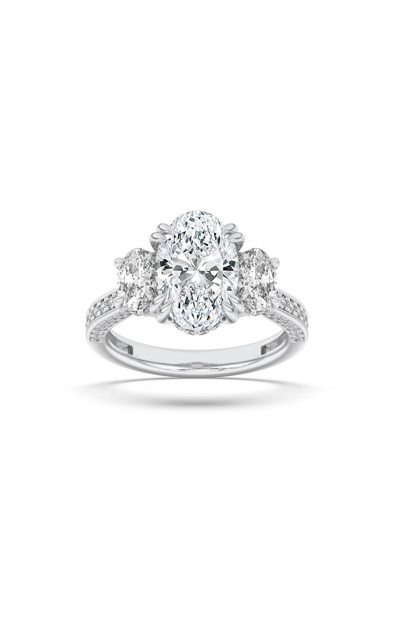 3CTW Oval Shaped Lab Grown Diamond (F/VS) Three Stone Accented Engagement Ring in 14K Gold