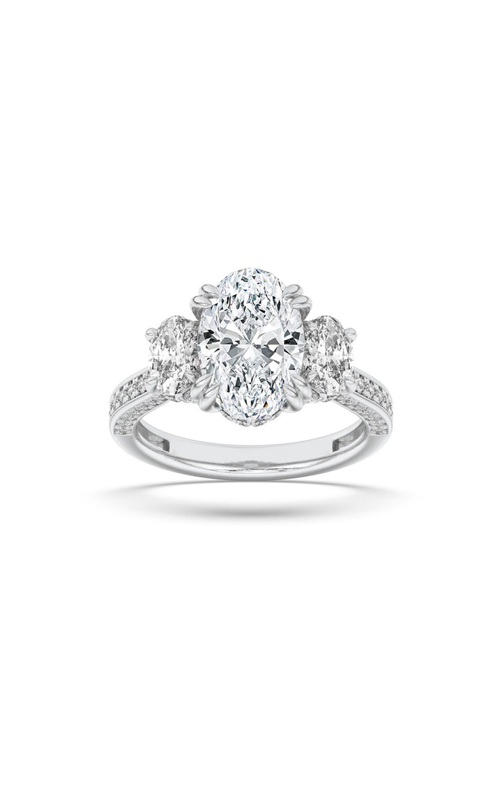 3CTW Oval Shaped Lab Grown Diamond (F/VS) Three Stone Accented Engagement Ring in 14K Gold