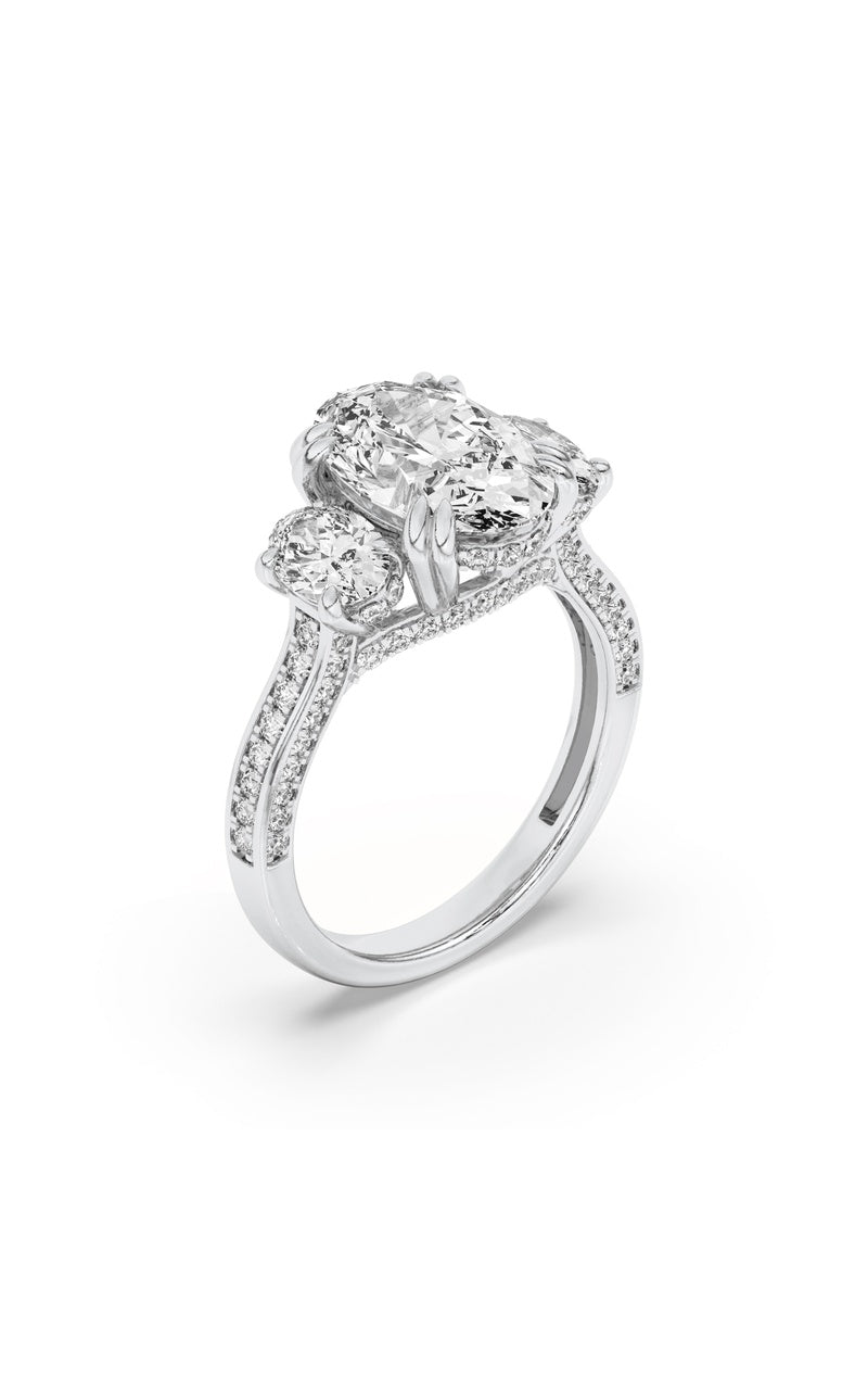 3CTW Oval Shaped Lab Grown Diamond (F/VS) Three Stone Accented Engagement Ring in 14K Gold