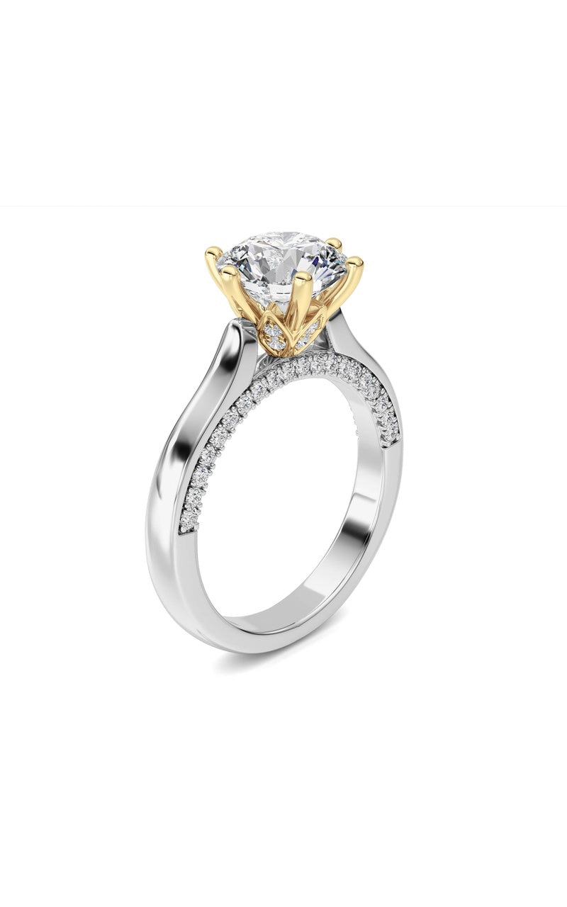 2CTW Round Shaped Lab Grown Diamond (F/VS) Tulip Motif Accented Engagement Ring in 14K Gold, 14K White Gold|14K Yellow Gold