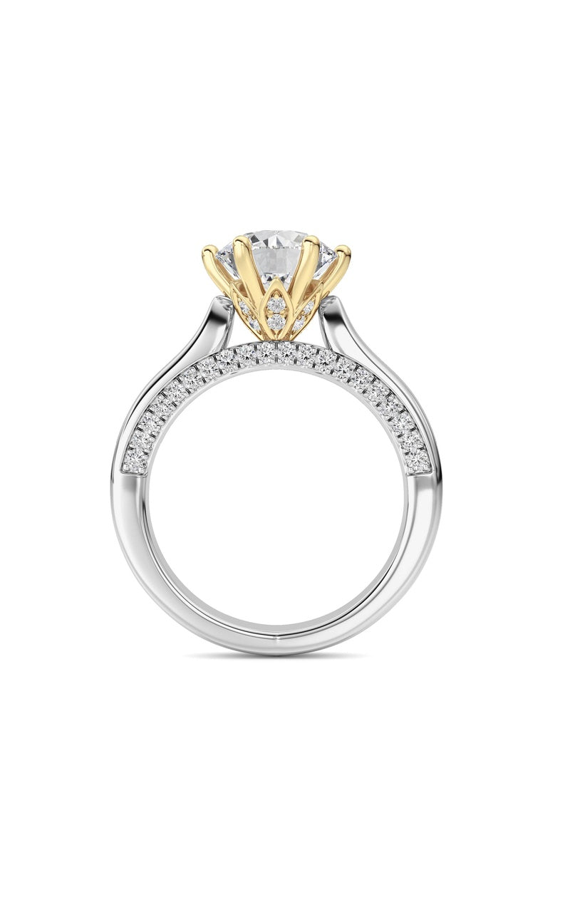 2CTW Round Shaped Lab Grown Diamond (F/VS) Tulip Motif Accented Engagement Ring in 14K Gold, 14K White Gold|14K Yellow Gold