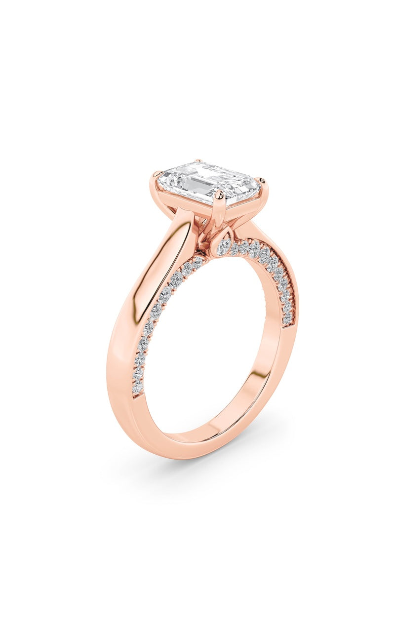 2CTW Emerald Shaped Lab Grown Diamond (G/VS) Accented Bridge Shank Engagement Ring in 14K Gold, 14K Rose Gold