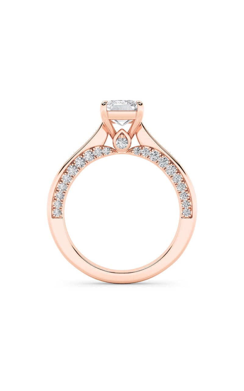 2CTW Emerald Shaped Lab Grown Diamond (G/VS) Accented Bridge Shank Engagement Ring in 14K Gold