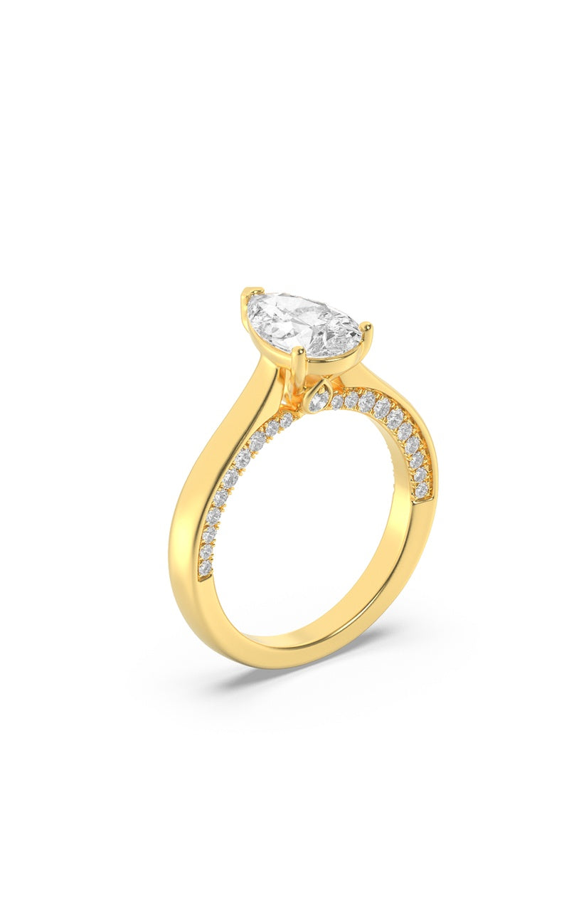 2CTW Pear Shaped Lab Grown Diamond (F/VS) Accented Bridge Shank Engagement Ring in 14K Gold, 14K Yellow Gold