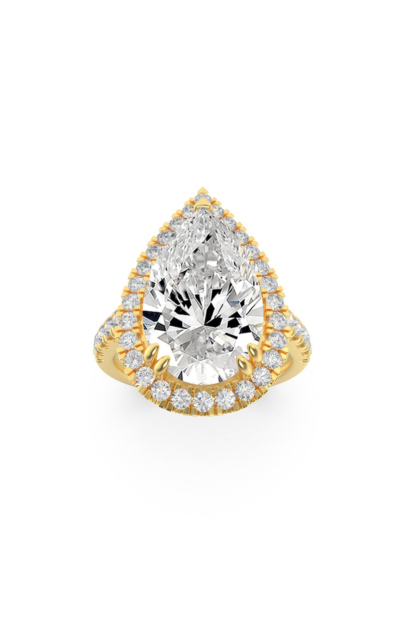 3Cttw Pear Shaped Lab Grown Diamond (F/VS) Bolld Accented Halo Engagement Ring in 14K Gold