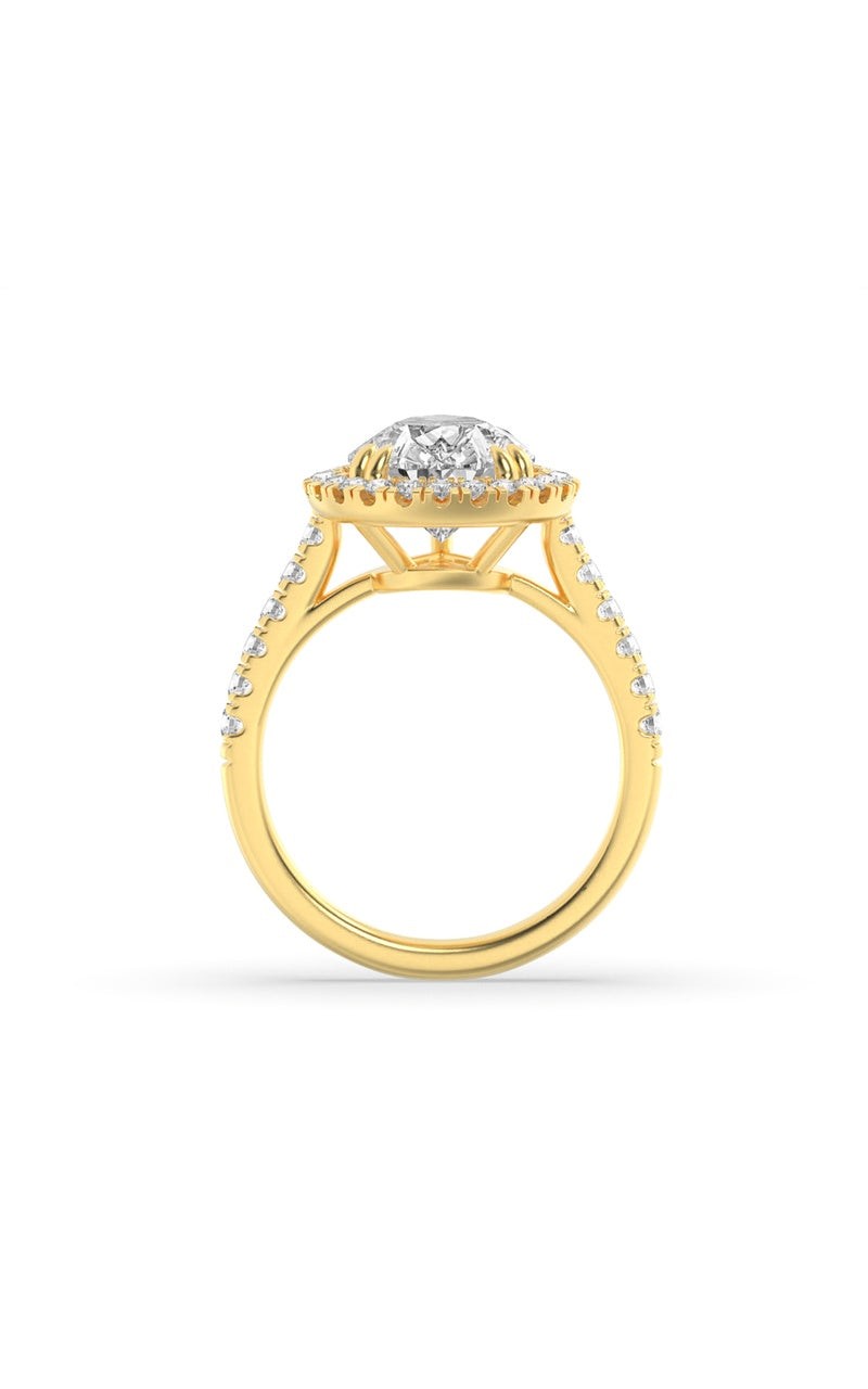3Cttw Pear Shaped Lab Grown Diamond (F/VS) Bolld Accented Halo Engagement Ring in 14K Gold