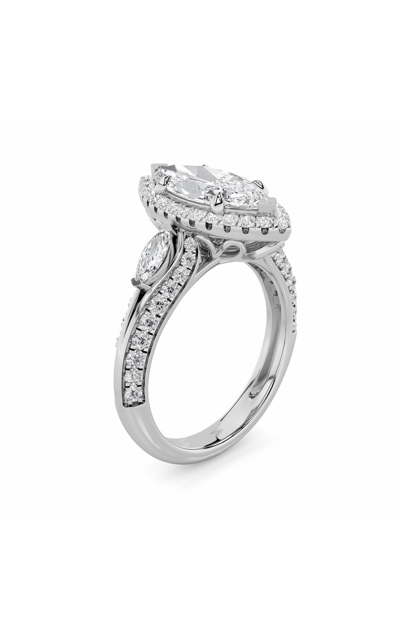 3CTW Marquise Shaped Lab Grown Diamond (F/VS) Three Stone Halo Enagement Ring in 14K Gold