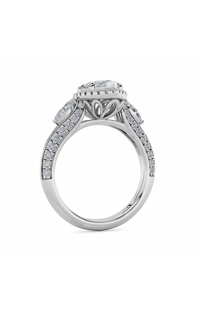 3Cttw Marquise Shaped Lab Grown Diamond (F/VS) Three Stone Halo Enagement Ring in 14K Gold
