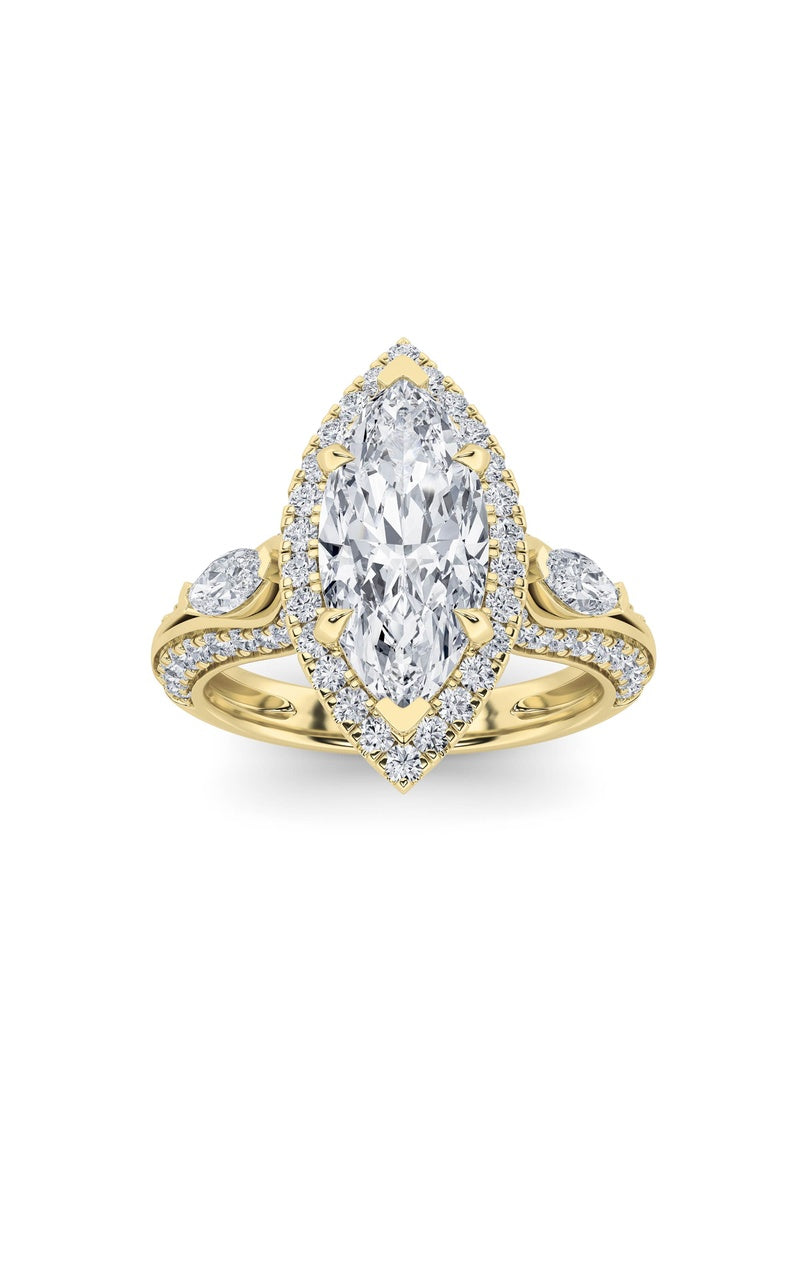 3Cttw Marquise Shaped Lab Grown Diamond (F/VS) Three Stone Halo Enagement Ring in 14K Gold