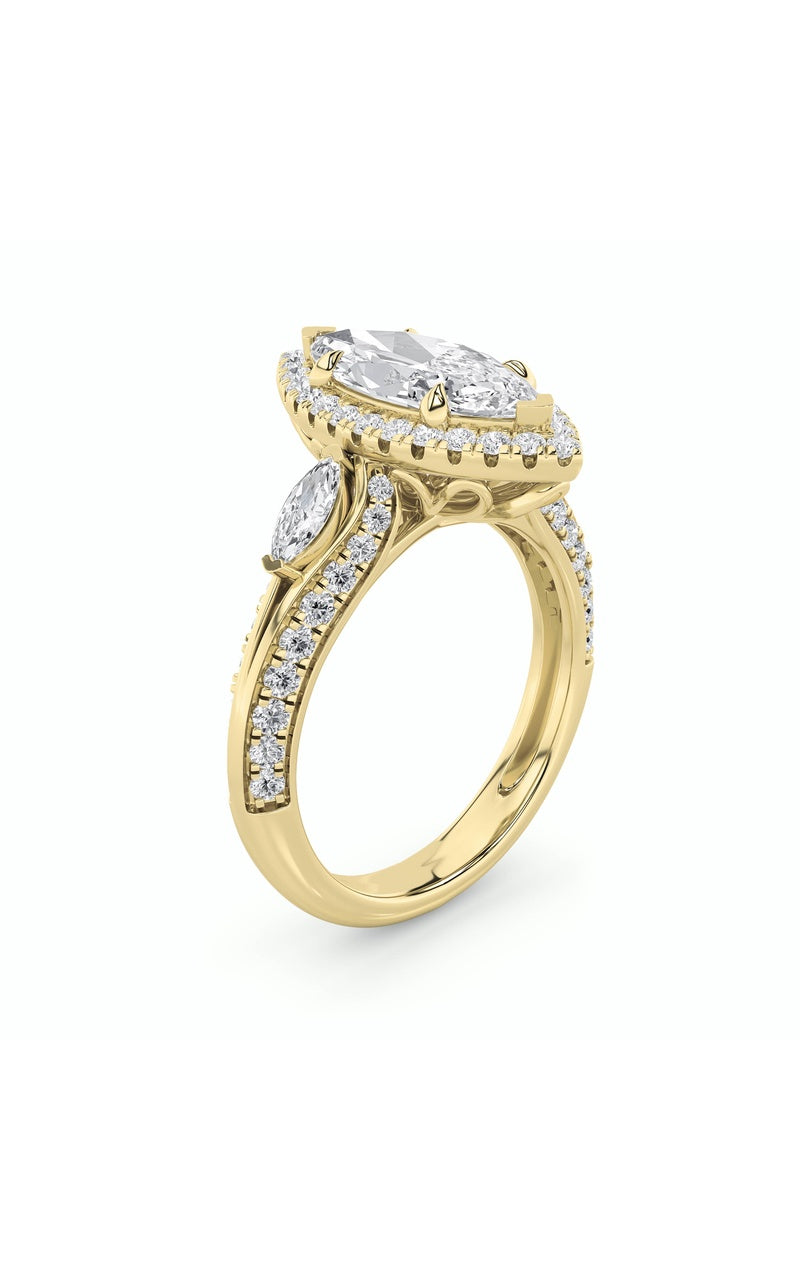 3Cttw Marquise Shaped Lab Grown Diamond (F/VS) Three Stone Halo Enagement Ring in 14K Gold