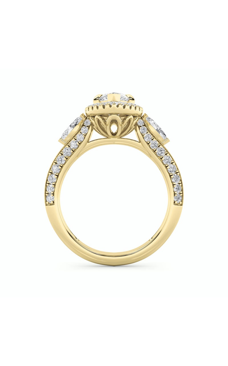 3Cttw Marquise Shaped Lab Grown Diamond (F/VS) Three Stone Halo Enagement Ring in 14K Gold