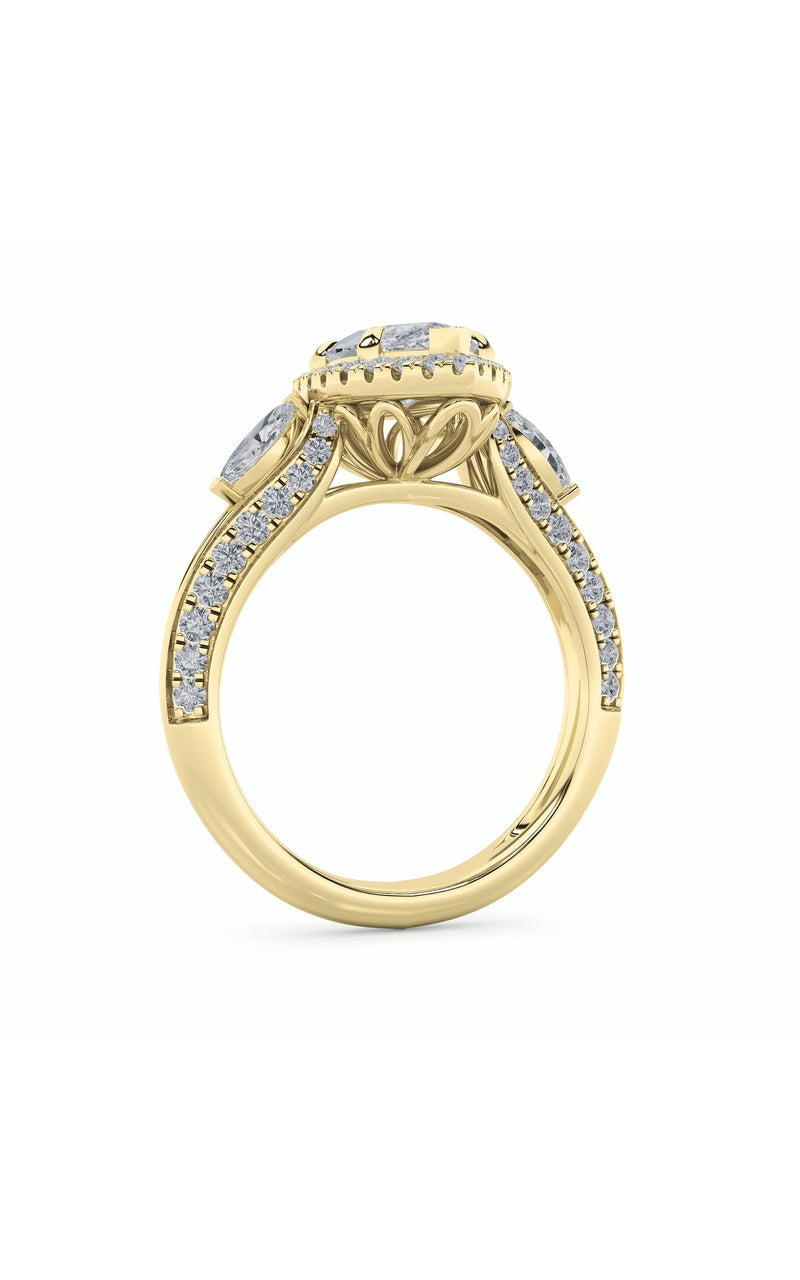 3Cttw Marquise Shaped Lab Grown Diamond (F/VS) Three Stone Halo Enagement Ring in 14K Gold