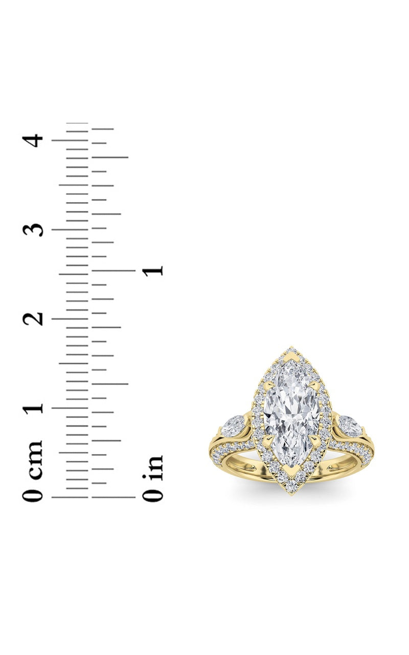 3Cttw Marquise Shaped Lab Grown Diamond (F/VS) Three Stone Halo Enagement Ring in 14K Gold
