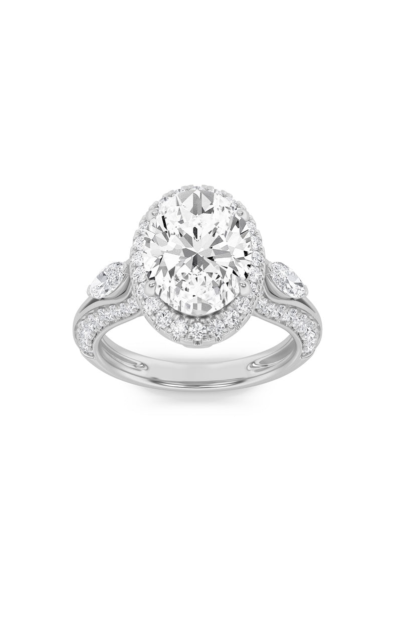 3Cttw Oval Shaped Lab Grown Diamond (F/VS) Three Stone Halo Enagement Ring in 14K Gold