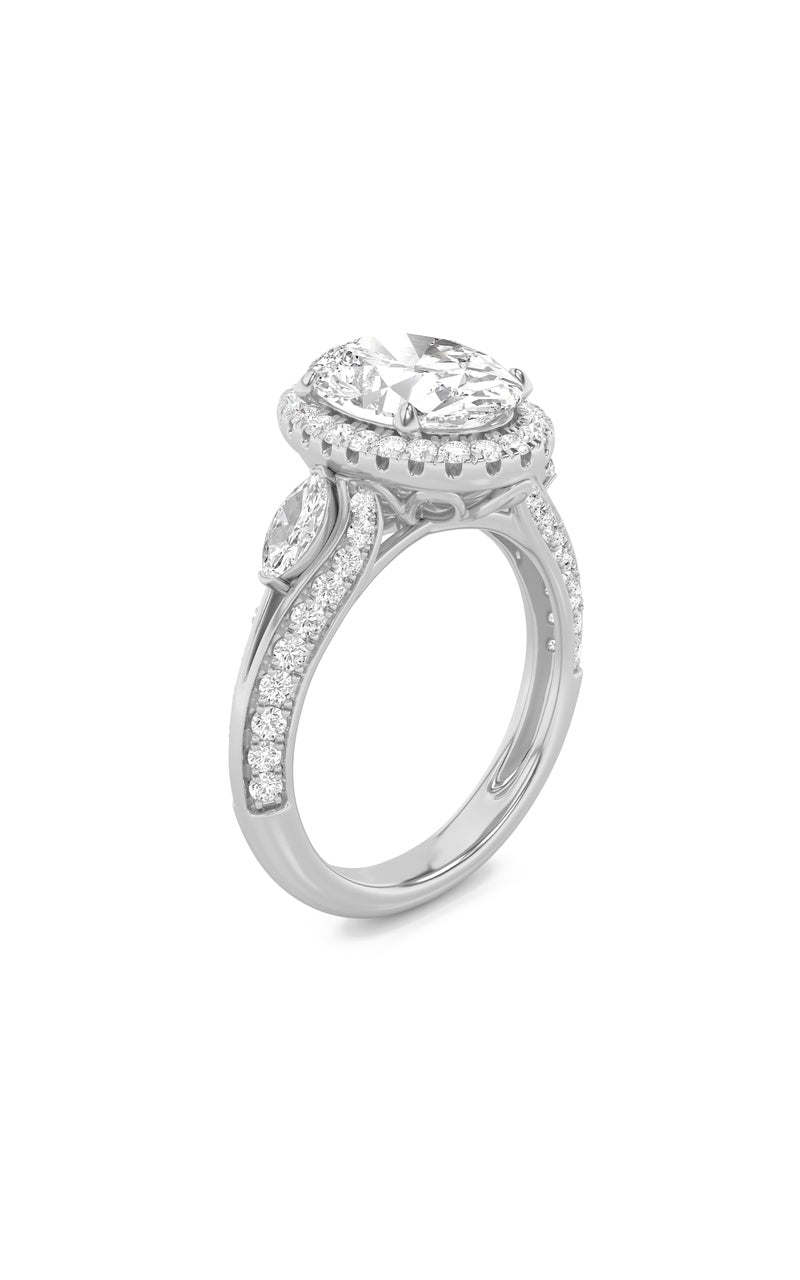 3CTW Oval Shaped Lab Grown Diamond (F/VS) Three Stone Halo Enagement Ring in 14K Gold