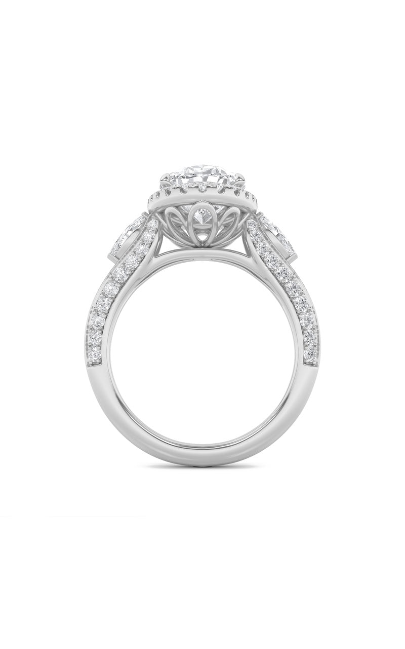 3Cttw Oval Shaped Lab Grown Diamond (F/VS) Three Stone Halo Enagement Ring in 14K Gold