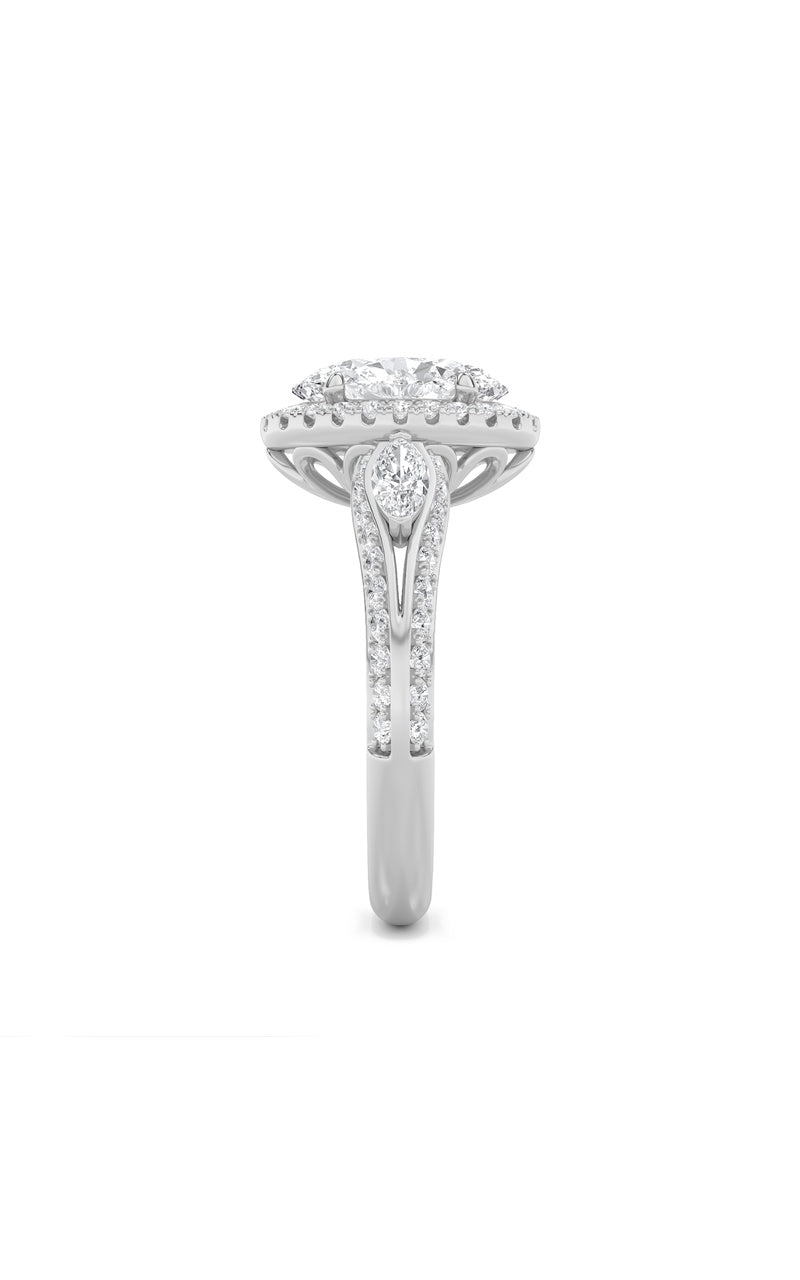 3Cttw Oval Shaped Lab Grown Diamond (F/VS) Three Stone Halo Enagement Ring in 14K Gold