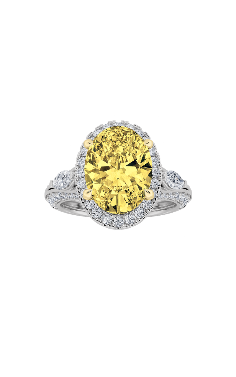 3Cttw Oval Shaped Lab Grown Diamond (F/VS) Three Stone Halo Enagement Ring in 14K Gold