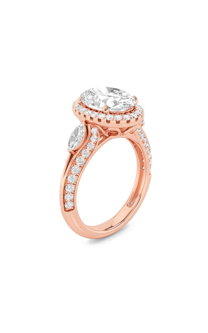 3Cttw Oval Shaped Lab Grown Diamond (F/VS) Three Stone Halo Enagement Ring in 14K Gold