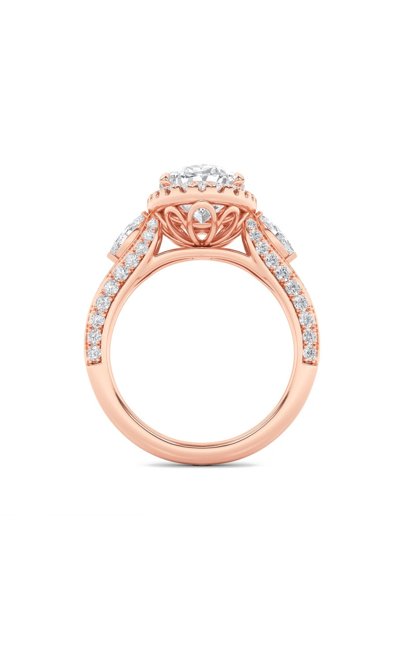 3Cttw Oval Shaped Lab Grown Diamond (F/VS) Three Stone Halo Enagement Ring in 14K Gold