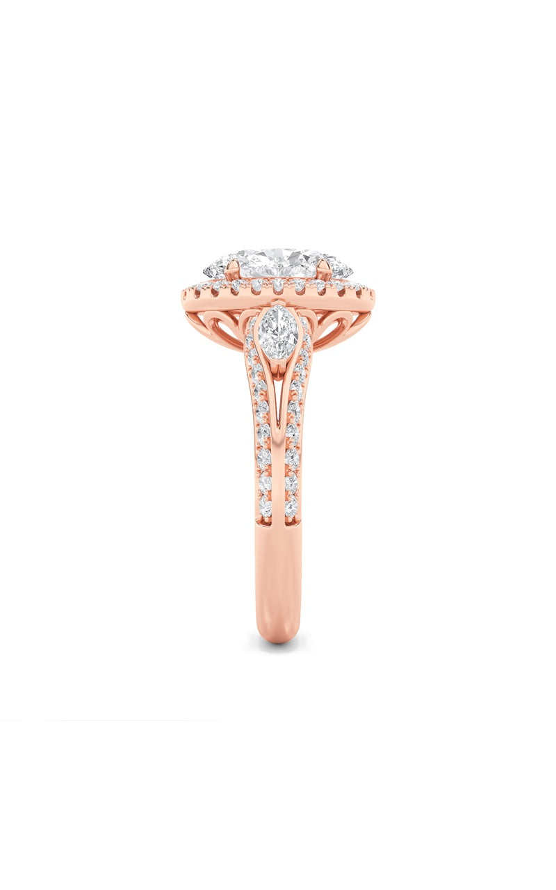 3CTW Oval Shaped Lab Grown Diamond (F/VS) Three Stone Halo Enagement Ring in 14K Gold