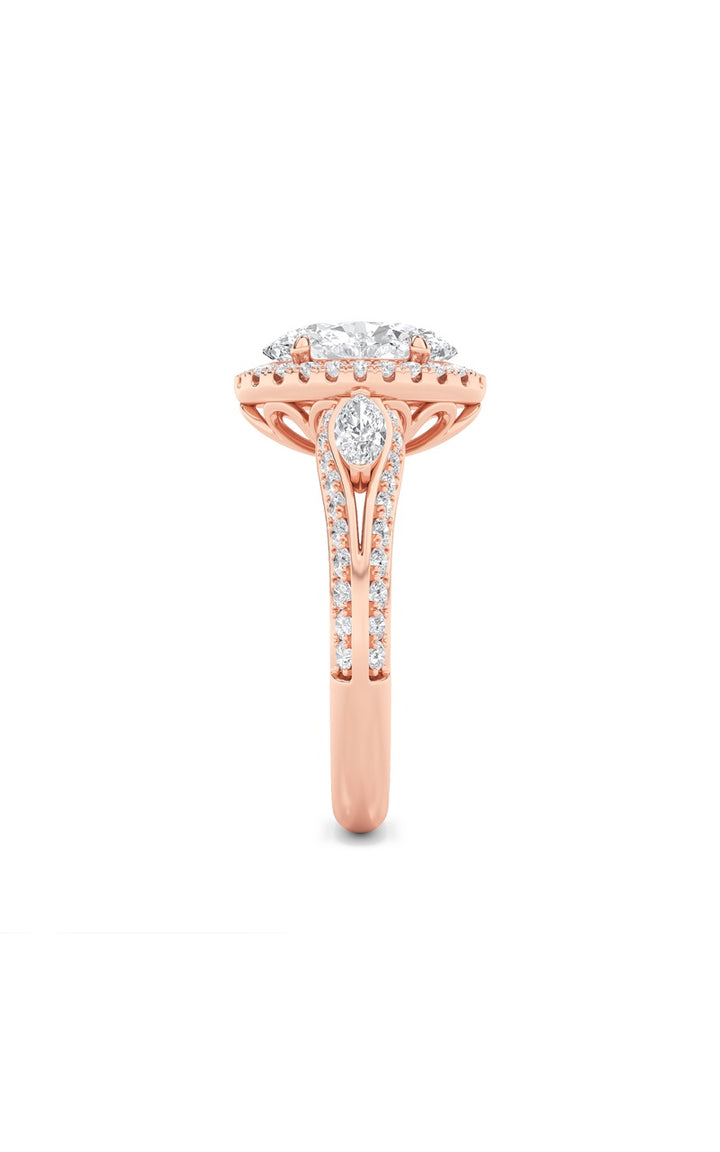 3CTW Oval Shaped Lab Grown Diamond (F/VS) Three Stone Halo Enagement Ring in 14K Gold