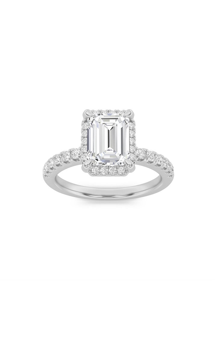 2Cttw Emerald Shaped Lab Grown Diamond (F/VS) HaloAccented Engagement Ring in 14K Gold