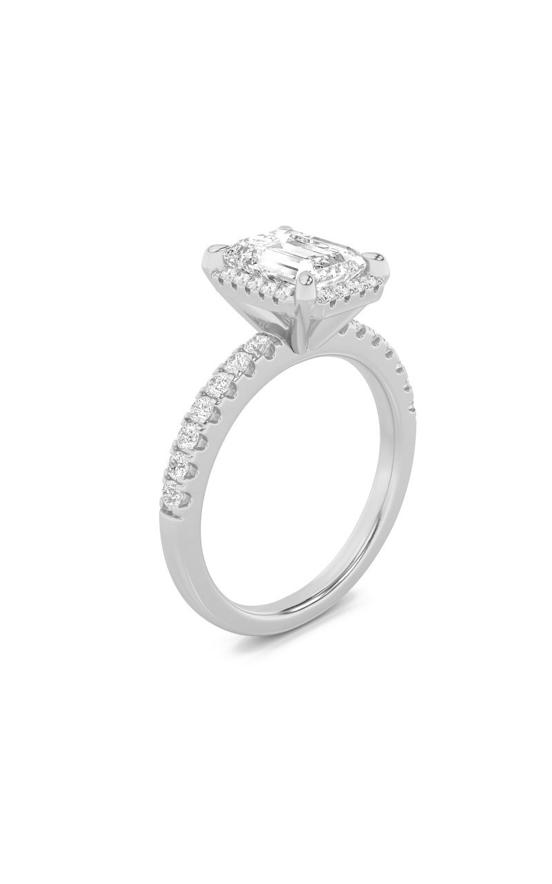 2CTW Emerald Shaped Lab Grown Diamond (F/VS) Halo Accented Engagement Ring in 14K Gold