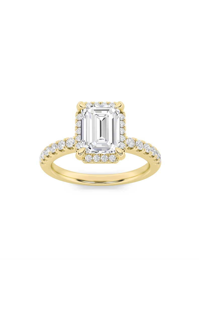 2Cttw Emerald Shaped Lab Grown Diamond (F/VS) HaloAccented Engagement Ring in 14K Gold