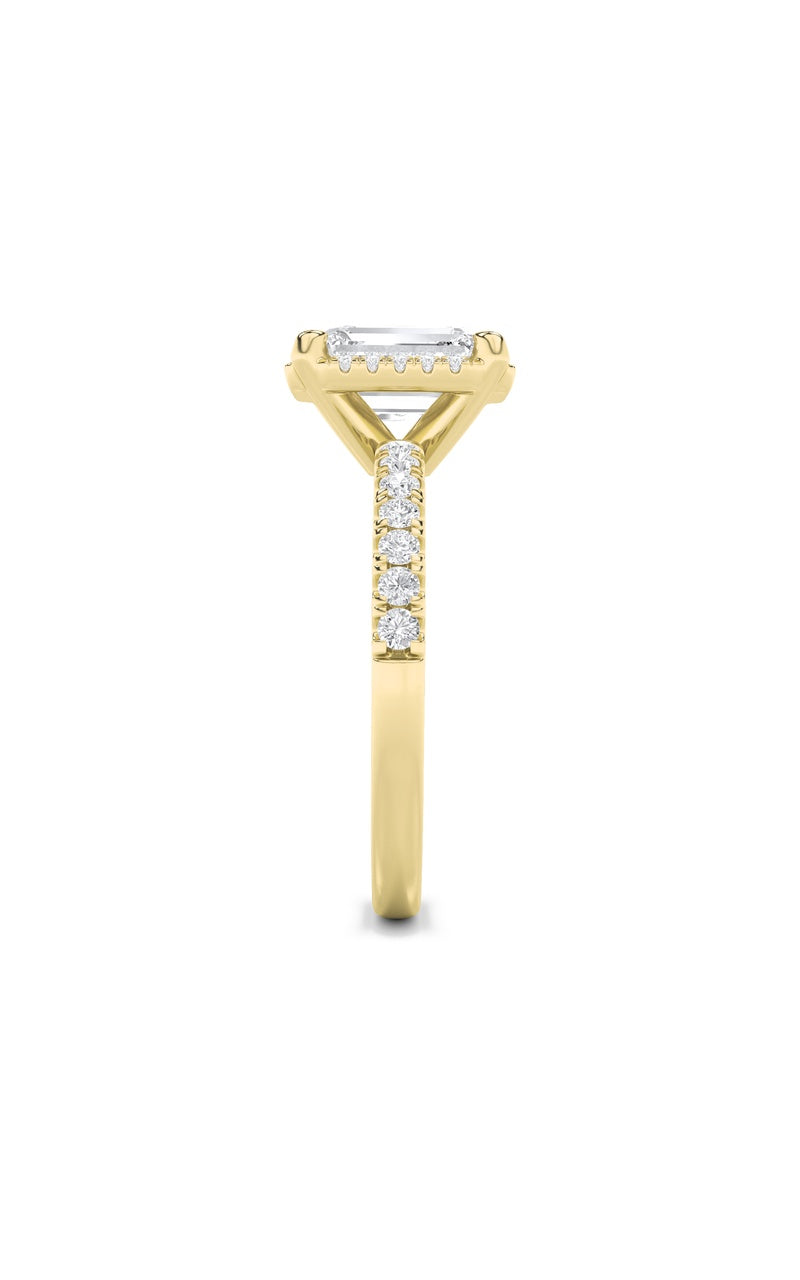 2CTW Emerald Shaped Lab Grown Diamond (F/VS) Halo Accented Engagement Ring in 14K Gold