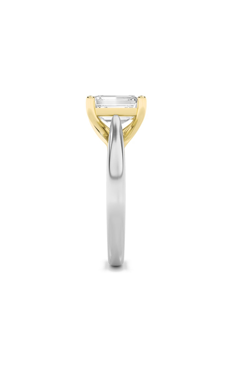 3CTW Emerald Shaped Lab Grown Diamond (F/VS) Two Tone Cathedral Shank Engagement Ring in 14K Gold