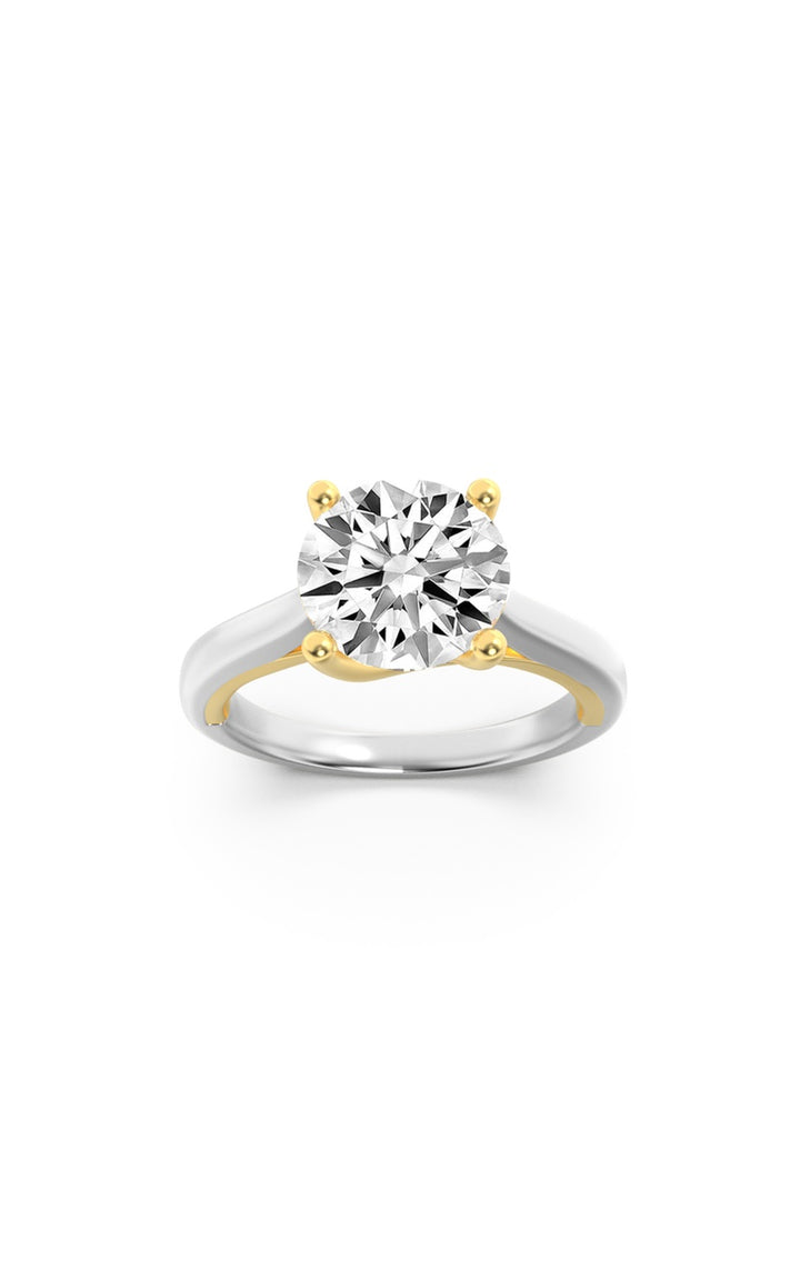 3CTW Round Shaped Lab Grown Diamond (F/VS) Two Tone Cathedral Shank Engagement Ring in 14K Gold