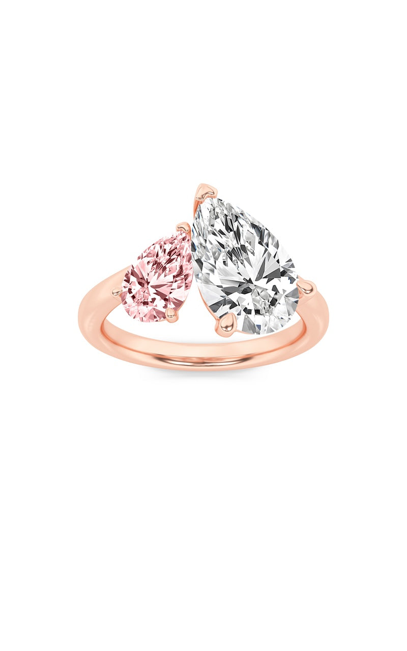 3CTW Pear Shaped Lab Grown Diamond (F/VS) Toi et Moi Engagement Ring in 14K Gold, 14K Rose Gold