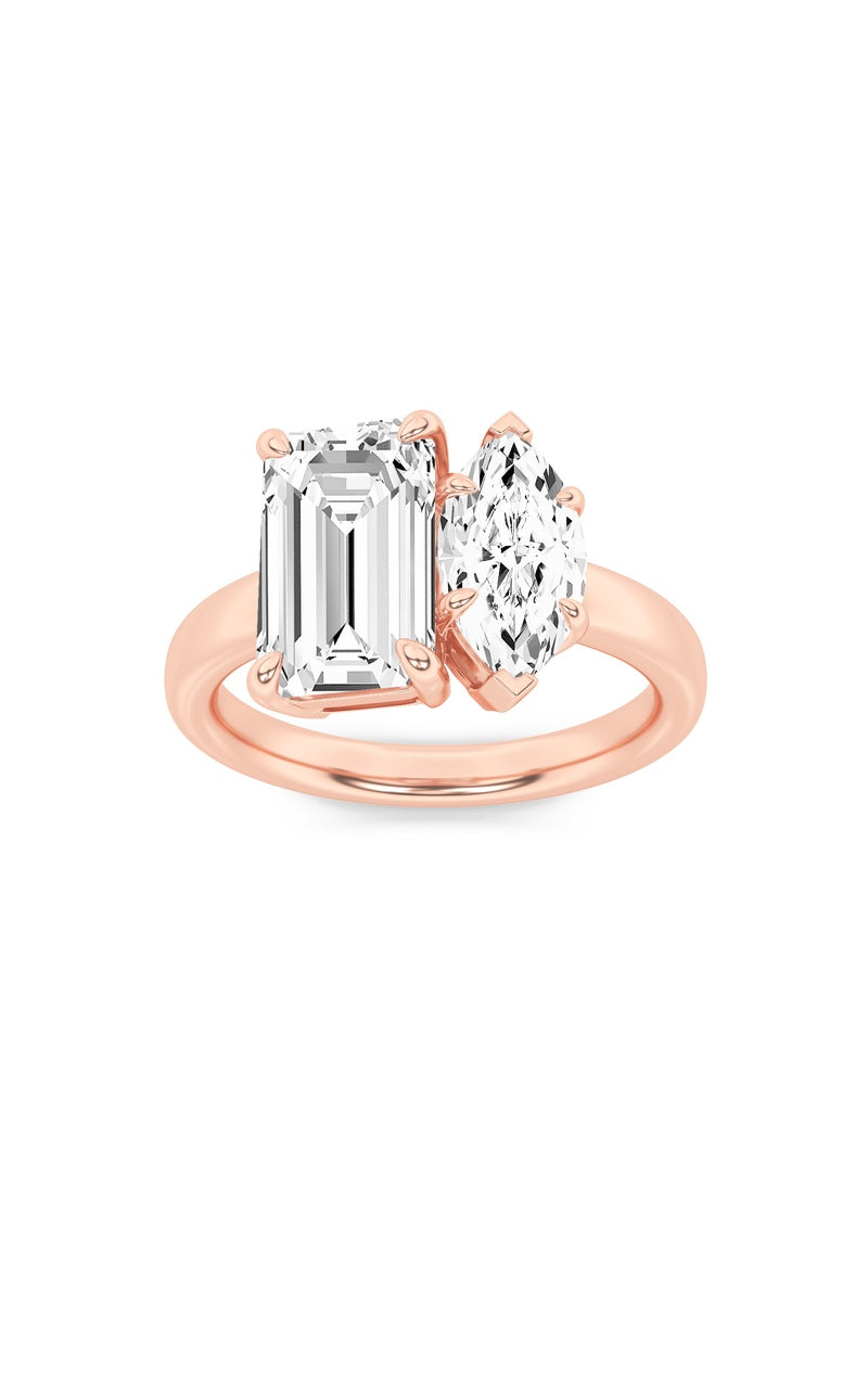 3CTW Emerald Shaped Lab Grown Diamond (F/VS) Toi et Moi Engagement Ring in 14K Gold, 14K Rose Gold