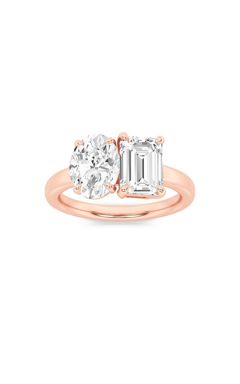 3CTW Emerald Shaped Lab Grown Diamond (F/VS) Toi et Moi Engagement Ring in 14K Gold, 14K Rose Gold