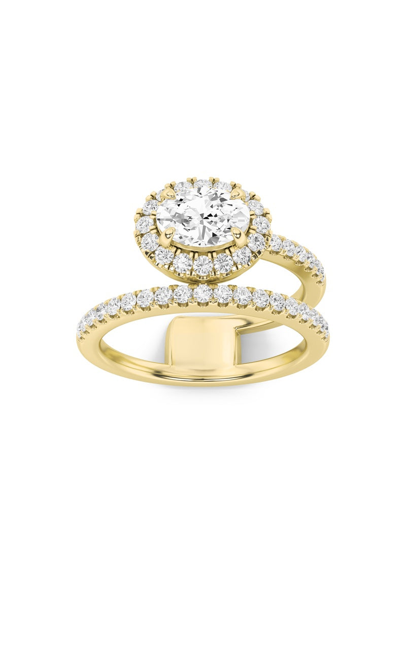 1Cttw Oval Shaped Lab Grown Diamond (F/VS) Halo Accented Fashion Ring in 14K Gold