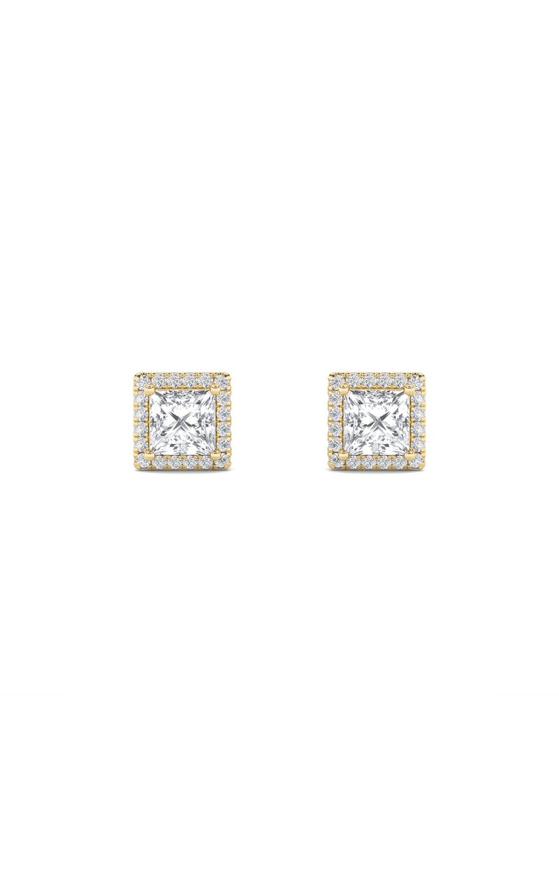 2CTW Princess Shaped Lab Grown Diamond (F/VS) Halo Stud Earrings in 14K Gold