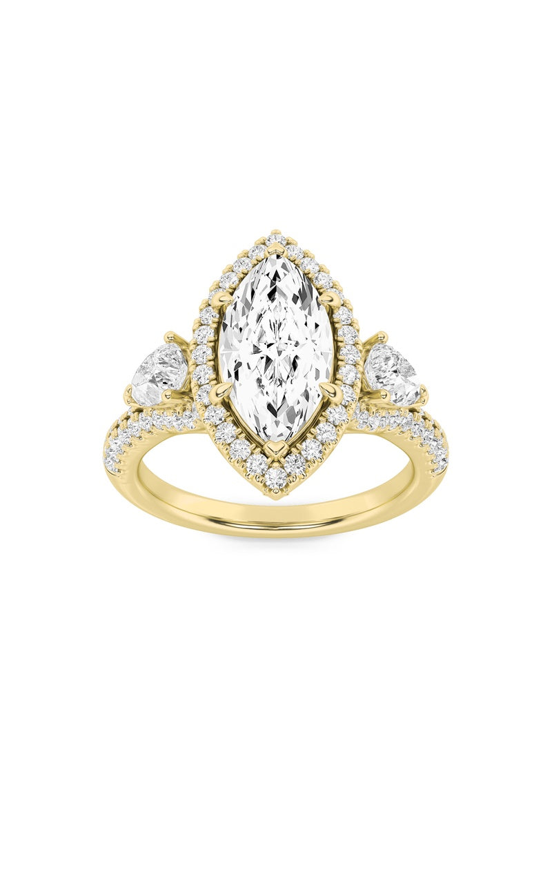 3CTW Marquise Shaped Lab Grown Diamond (F/VS) Three Stone Bold Accented Engagement Ring in 14K Gold