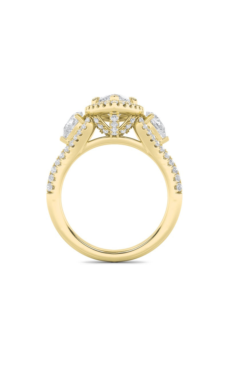 3CTW Marquise Shaped Lab Grown Diamond (F/VS) Three Stone Bold Accented Engagement Ring in 14K Gold