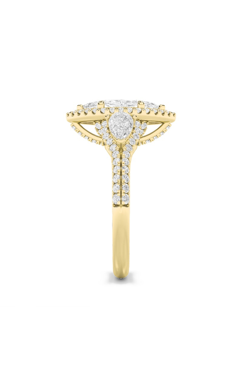 3CTW Marquise Shaped Lab Grown Diamond (F/VS) Three Stone Bold Accented Engagement Ring in 14K Gold